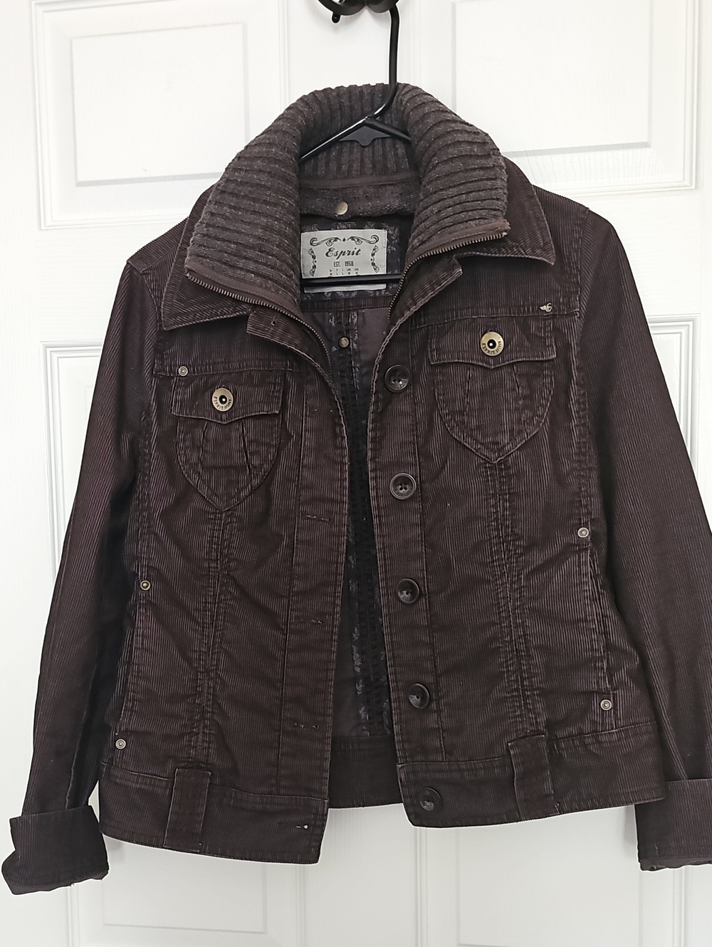 Esprit Dark Brown Corduroy Jean Jacket with Ribbed Stand Collar